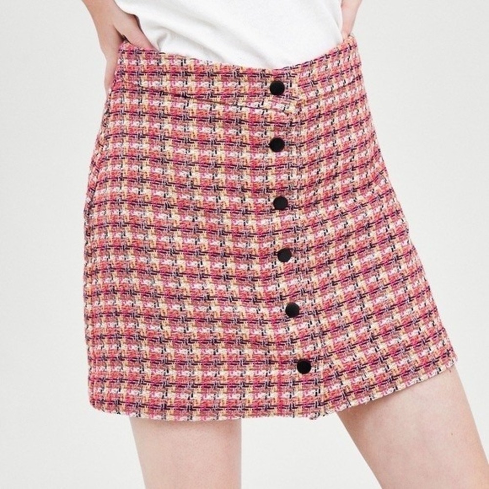 Zara TRF Collection Tweed Button Front Mini Skirt Pink Multi Medium